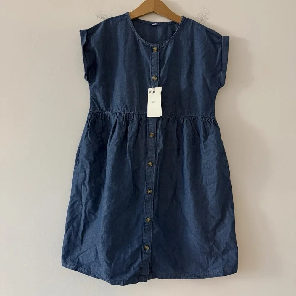 Uniqlo Girls Blue Chambray Dress Size 7-8 Front Buttons Preppy School Casual NWT